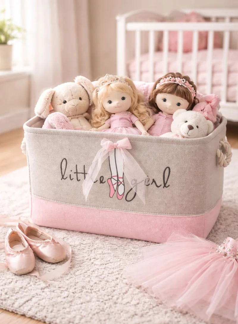 1Chase Ballet Bow Kids Ballet Bow Rectangular Storage Basket 50L – Foldable Canvas Toy & Laundry Organizer with Rope Handles for Nursery, Bedroom and Playroom  | Best Price UAE