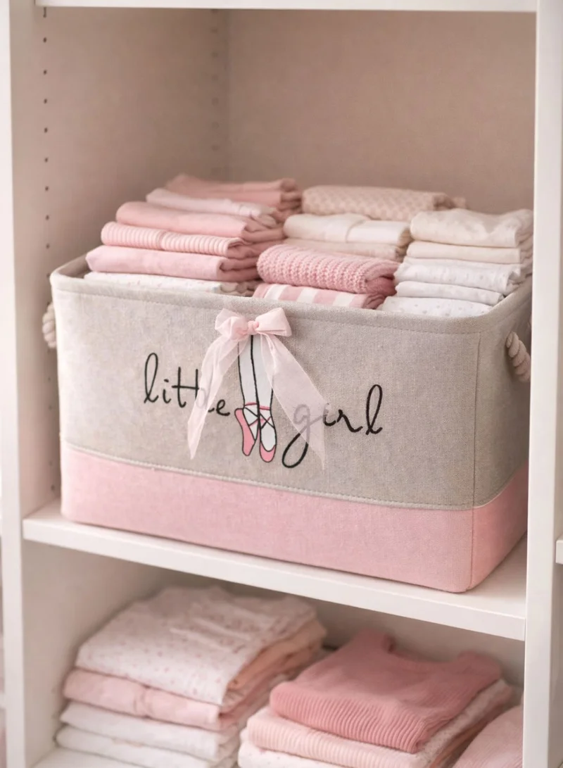 1Chase Ballet Bow Kids Ballet Bow Rectangular Storage Basket 50L – Foldable Canvas Toy & Laundry Organizer with Rope Handles for Nursery, Bedroom and Playroom  | Best Price UAE