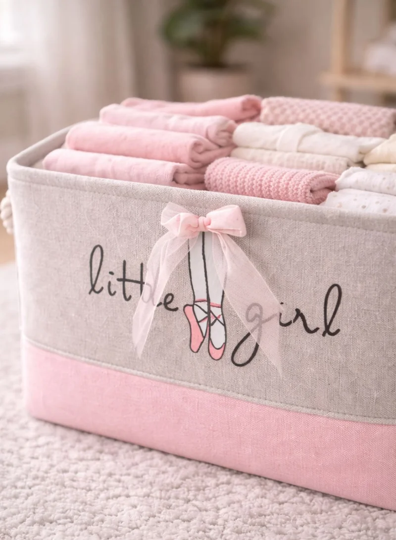 1Chase Ballet Bow Kids Ballet Bow Rectangular Storage Basket 50L – Foldable Canvas Toy & Laundry Organizer with Rope Handles for Nursery, Bedroom and Playroom  | Best Price UAE