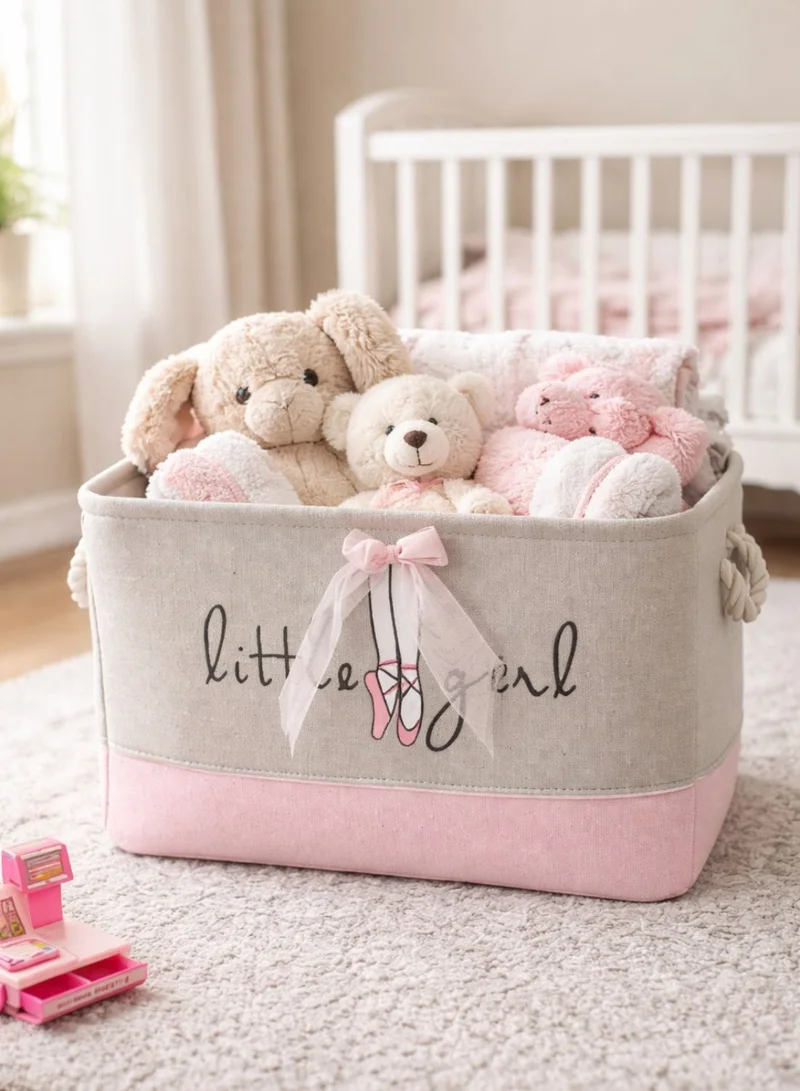 1Chase Kids Ballet Bow Rectangular Storage Basket 50L – Foldable Canvas Toy & Laundry Organizer with Rope Handles for Nursery, Bedroom and Playroom