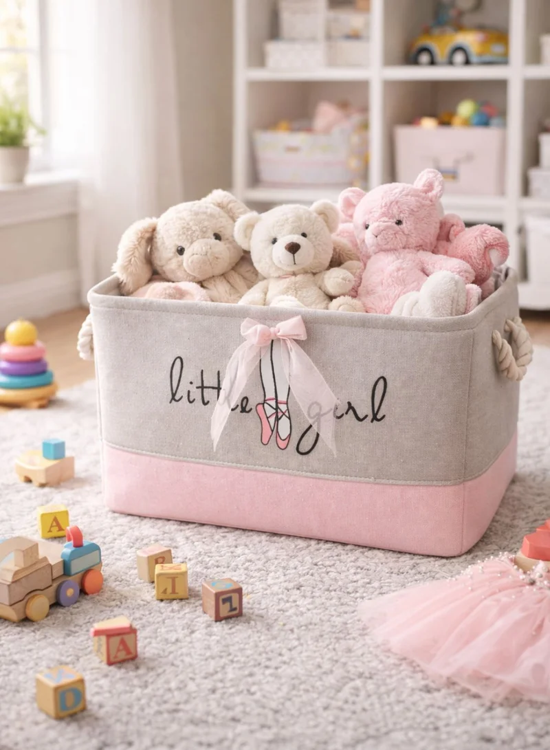 1Chase Ballet Bow Kids Ballet Bow Rectangular Storage Basket 50L – Foldable Canvas Toy & Laundry Organizer with Rope Handles for Nursery, Bedroom and Playroom  | Best Price UAE