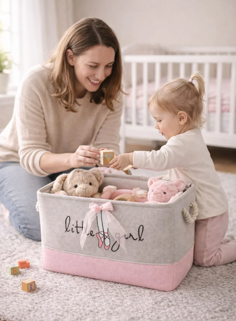 1Chase Ballet Bow Kids Ballet Bow Rectangular Storage Basket 50L – Foldable Canvas Toy & Laundry Organizer with Rope Handles for Nursery, Bedroom and Playroom  | Best Price UAE
