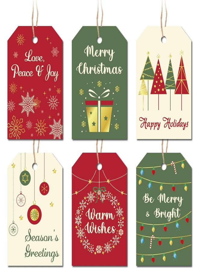 GRADESIN Christmas Gift Tags with String, 48 Pcs Christmas Hanging Tags Label Gold Foil Xmas Present Tag for DIY Xmas Holiday Present Wrapping Decorations, 6 Styles - Image 1