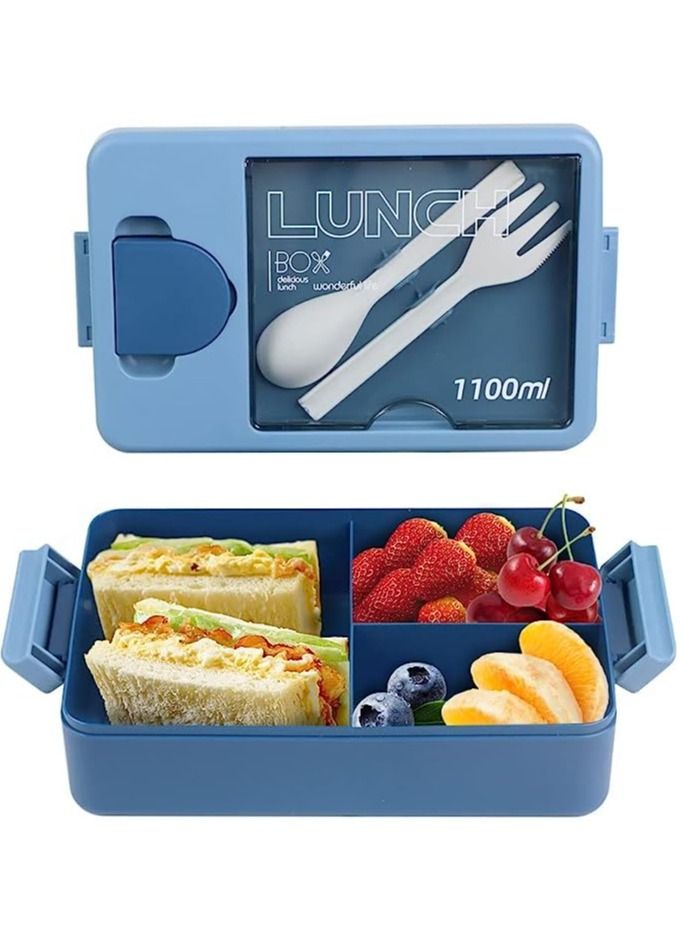 Arabest 1100ml Bento Box Container with Spoon and Fork, Lunch Boxes with Sauce Box, Lunch Box for Adults Microwave Safe, Durable Leak-proof (Blue) - Image 1