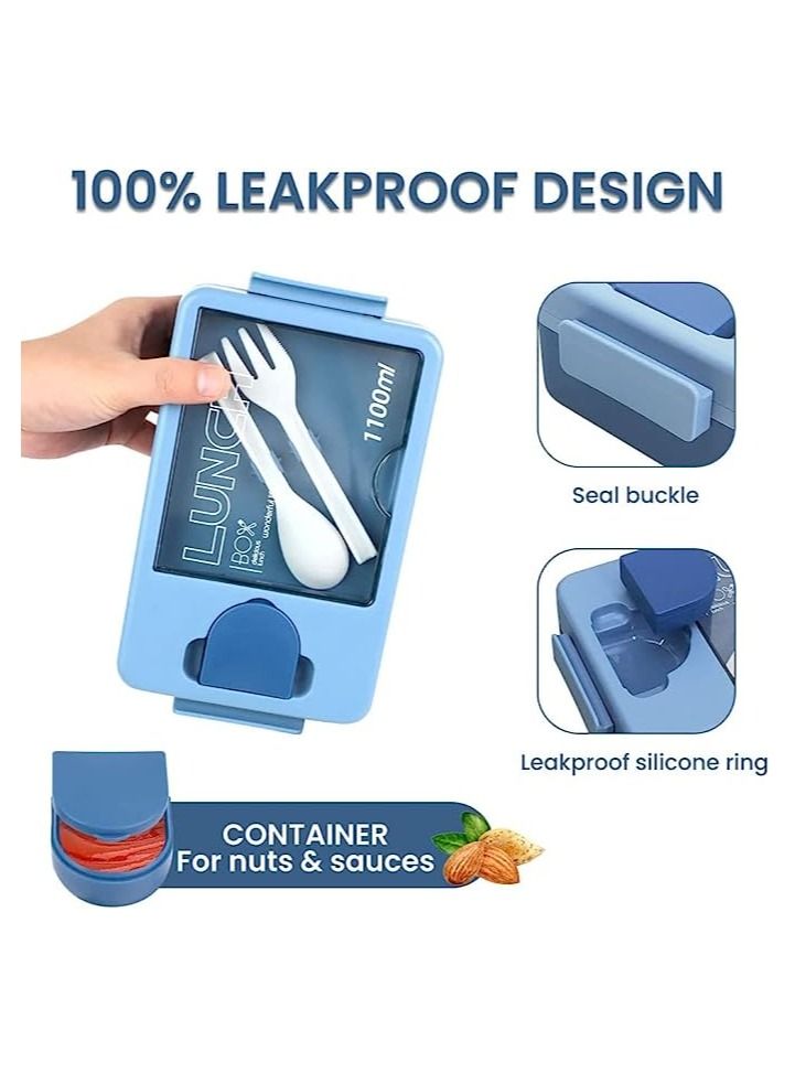 Arabest 1100ml Bento Box Container with Spoon and Fork, Lunch Boxes with Sauce Box, Lunch Box for Adults Microwave Safe, Durable Leak-proof (Blue) - Image 4