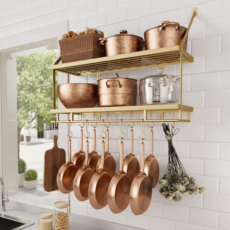 KES 30-Inch Gold Pot Rack Wall Mounted, 2-Tier Hanging Pot and Pan Organizer with 12 Sturdy Hooks, Elegant Modern Kitchen Wall Hanger Shelves, KUR215S75B-GD - Image 1
