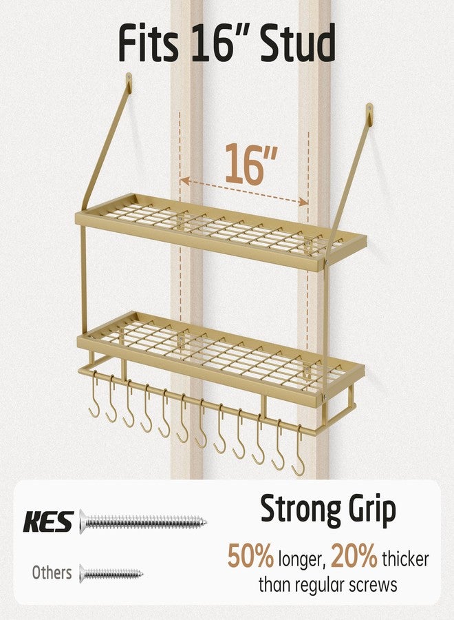 KES 30-Inch Gold Pot Rack Wall Mounted, 2-Tier Hanging Pot and Pan Organizer with 12 Sturdy Hooks, Elegant Modern Kitchen Wall Hanger Shelves, KUR215S75B-GD - Image 5