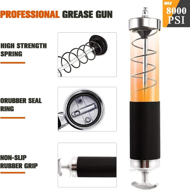 HANTUO Grease Gun with Quick Release Coupler, 8000 PSI Heavy Duty Pistol Grip Grease Gun Kit, 14 oz Load, 18 Inch Spring Flex Hose, 2 Grease Couplers, 2 Extension Rigid Pipes and 1 Sharp Easy Operation - Image 4