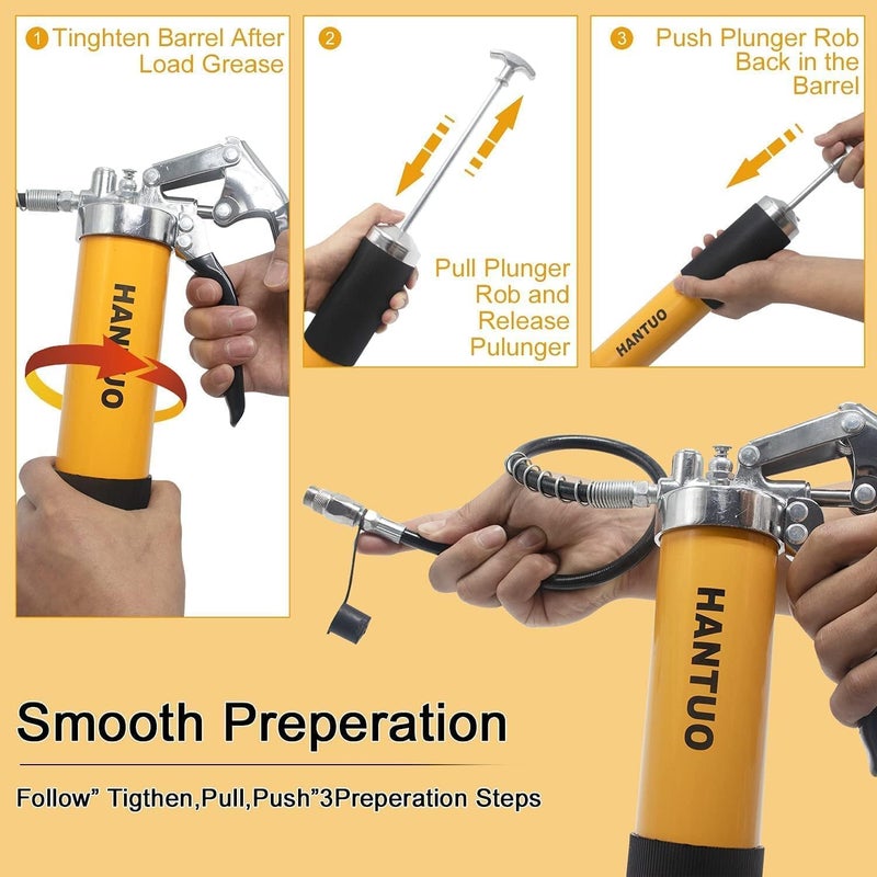 HANTUO Grease Gun with Quick Release Coupler, 8000 PSI Heavy Duty Pistol Grip Grease Gun Kit, 14 oz Load, 18 Inch Spring Flex Hose, 2 Grease Couplers, 2 Extension Rigid Pipes and 1 Sharp Easy Operation - Image 5