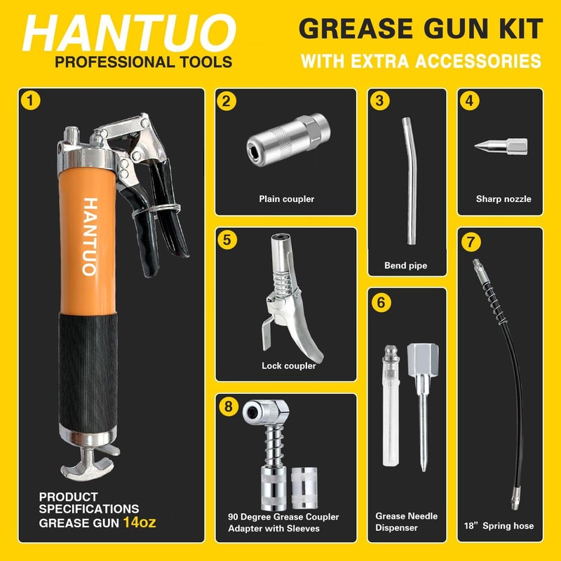 HANTUO Grease Gun with Quick Release Coupler, 8000 PSI Heavy Duty Pistol Grip Grease Gun Kit, 14 oz Load, 18 Inch Spring Flex Hose, 2 Grease Couplers, 2 Extension Rigid Pipes and 1 Sharp Easy Operation - Image 3