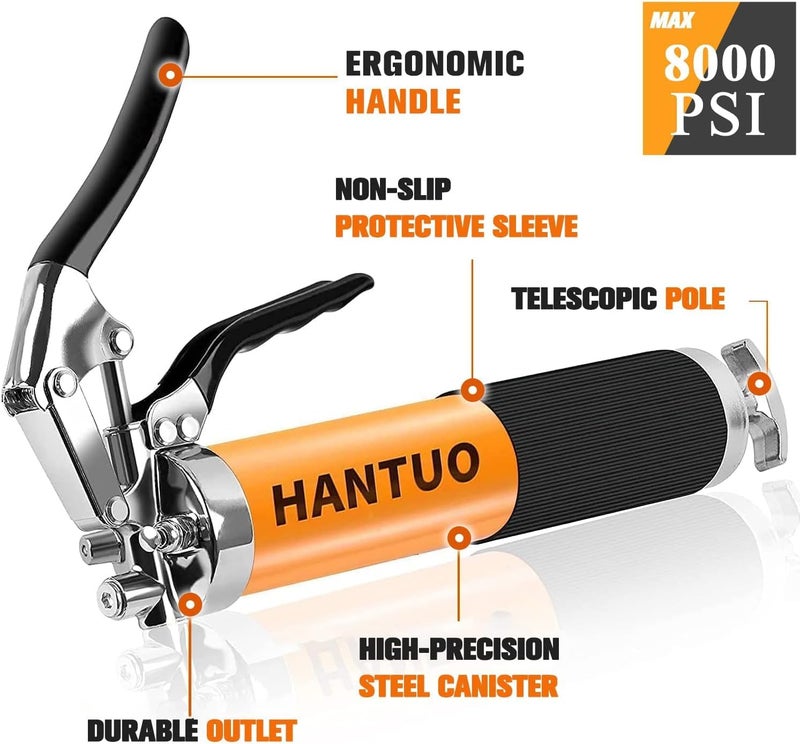 HANTUO Grease Gun with Quick Release Coupler, 8000 PSI Heavy Duty Pistol Grip Grease Gun Kit, 14 oz Load, 18 Inch Spring Flex Hose, 2 Grease Couplers, 2 Extension Rigid Pipes and 1 Sharp Easy Operation - Image 2