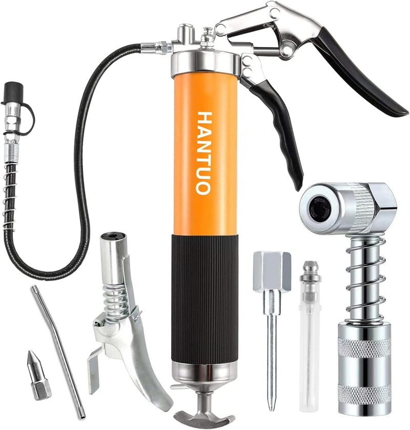 HANTUO Grease Gun with Quick Release Coupler, 8000 PSI Heavy Duty Pistol Grip Grease Gun Kit, 14 oz Load, 18 Inch Spring Flex Hose, 2 Grease Couplers, 2 Extension Rigid Pipes and 1 Sharp Easy Operation - Image 1