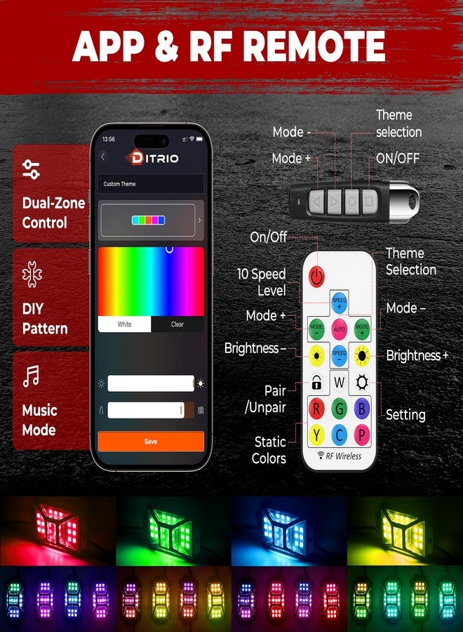 DITRIO 8 Pods Five Sided RGB Rock Lights for Trucks Jeep UTV SUV ATV, Multi Chasing Color App/Remote Control Led Rock Lights with Music Mode, Waterproof Exterior Underglow Kits for Cars - Image 2