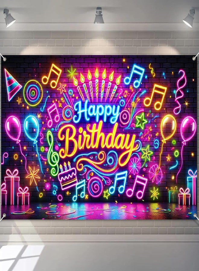 BlissYard Happy Birthday Banner Neon Decrations Backdrop 120x84 Inch Glow in The Dark Party Background Decorations with Balloons Music Notes and Fun Confetti Banners For Girls or boys gifts - Image 1