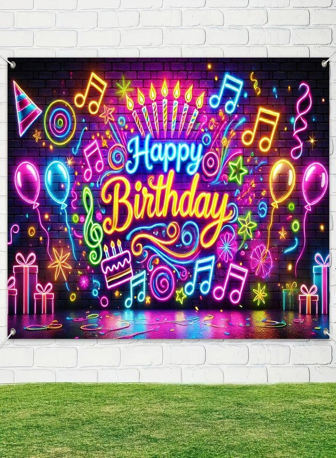 BlissYard Happy Birthday Banner Neon Decrations Backdrop 120x84 Inch Glow in The Dark Party Background Decorations with Balloons Music Notes and Fun Confetti Banners For Girls or boys gifts - Image 4