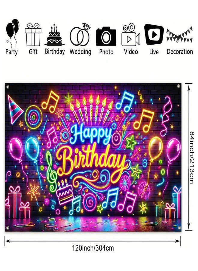 BlissYard Happy Birthday Banner Neon Decrations Backdrop 120x84 Inch Glow in The Dark Party Background Decorations with Balloons Music Notes and Fun Confetti Banners For Girls or boys gifts - Image 3