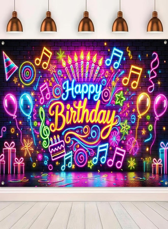 BlissYard Happy Birthday Banner Neon Decrations Backdrop 120x84 Inch Glow in The Dark Party Background Decorations with Balloons Music Notes and Fun Confetti Banners For Girls or boys gifts - Image 5