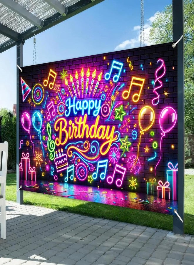 BlissYard Happy Birthday Banner Neon Decrations Backdrop 120x84 Inch Glow in The Dark Party Background Decorations with Balloons Music Notes and Fun Confetti Banners For Girls or boys gifts - Image 2