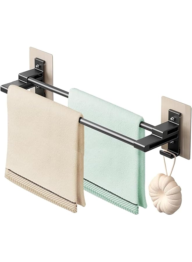erorex 40CM Towel Rack, Self-Adhesive Towel Rack with Anti-Rust Aluminum, 2 Tier Double Bar Towel Rack Pole with 2 Hooks, Non-Drilling Towel Rack, Wall Mounted, For Bathroom Kitchen Shower - Image 1