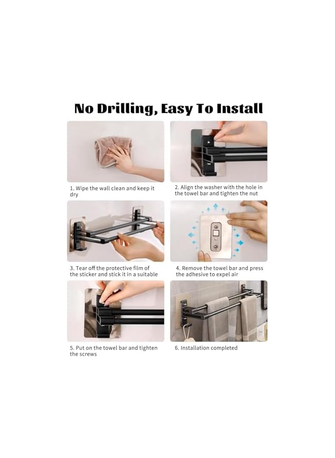 erorex 40CM Towel Rack, Self-Adhesive Towel Rack with Anti-Rust Aluminum, 2 Tier Double Bar Towel Rack Pole with 2 Hooks, Non-Drilling Towel Rack, Wall Mounted, For Bathroom Kitchen Shower - Image 5