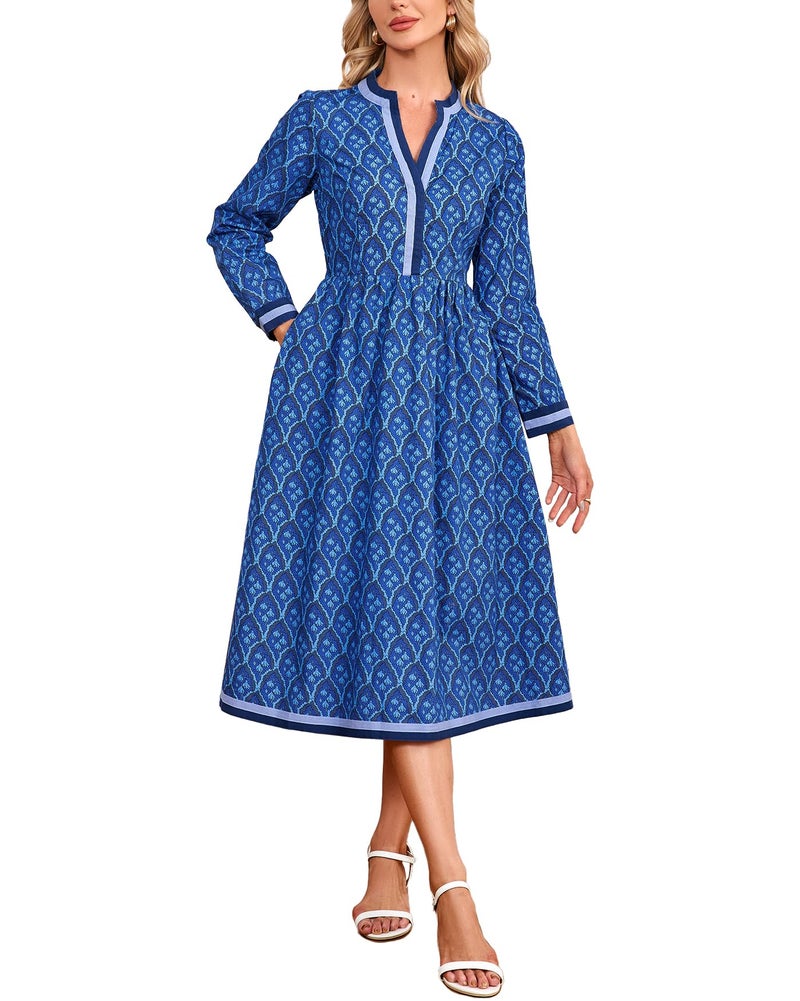YEXPINE Women's Fall Floral Midi Dress Casual Long Sleeve V Neck A Line Elastic Waist Flowy Boho Dresses Blue - Image 1