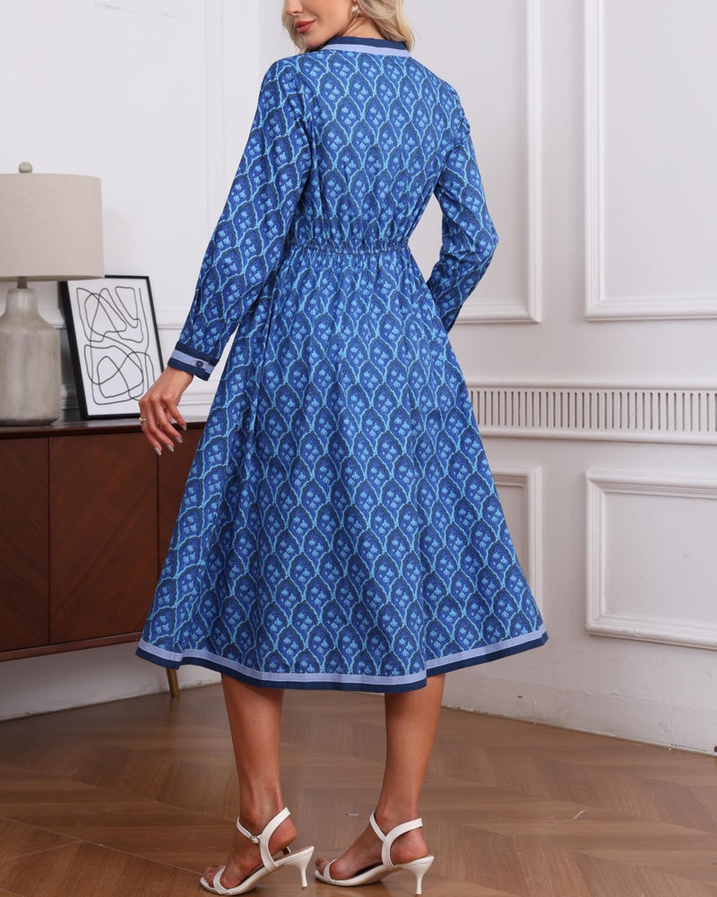 YEXPINE Women's Fall Floral Midi Dress Casual Long Sleeve V Neck A Line Elastic Waist Flowy Boho Dresses Blue - Image 4
