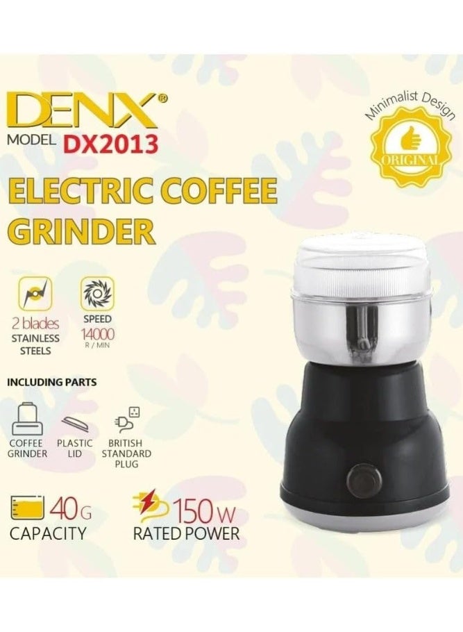 دينكس مطحنة قهوة كهربائية DENX DX2013 - مطحنة عالية السرعة بشفرات من الفولاذ المقاوم للصدأ بسرعة 14000 دورة في الدقيقة، مناسبة لحبوب القهوة والتوابل والأعشاب، سعة 40 جرام، مزودة بمحرك متين طراز 5410. - Image 2