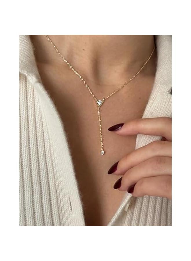 PAVOI 14K Gold Plated Drop Lariat Chain for Women - Gold Cubic Zirconia Long Necklace - Station Star Layered Beaded Y Necklace - Image 4