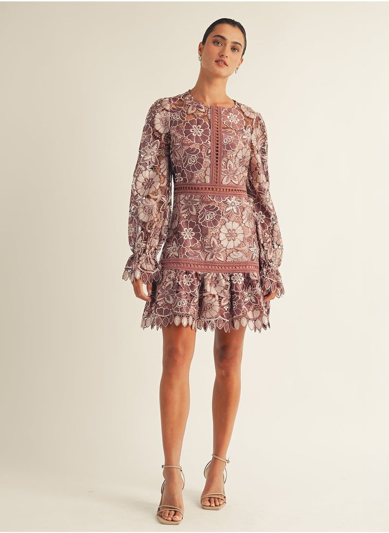 Just Me - Lace Trim Long Slv Mini Dress - Image 1