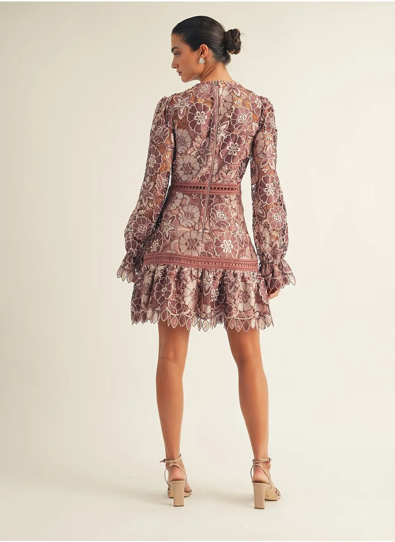 Just Me Lace Trim Long Slv Mini Dress