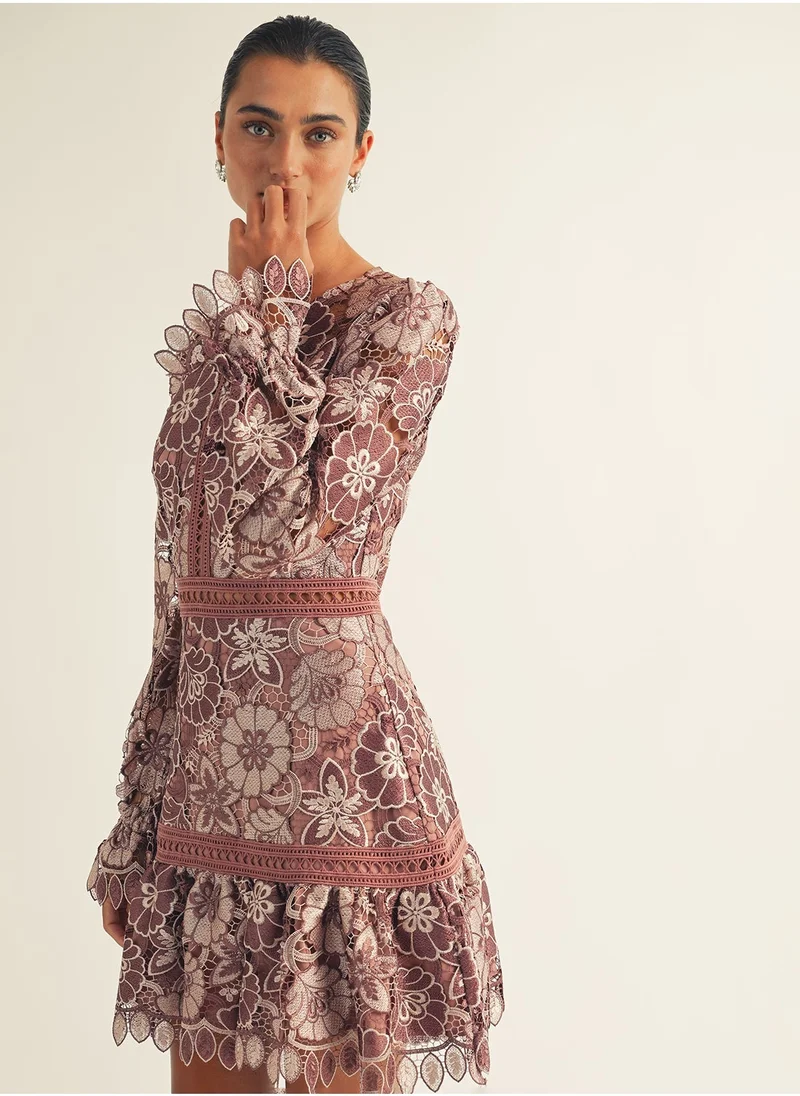 Just Me Lace Trim Long Slv Mini Dress