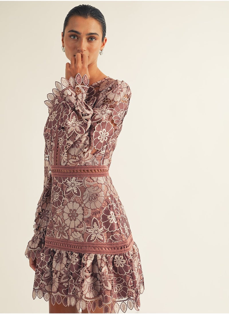 Just Me - Lace Trim Long Slv Mini Dress - Image 1