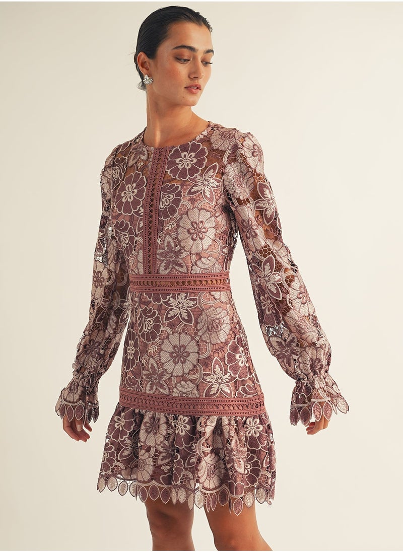 Just Me - Lace Trim Long Slv Mini Dress - Image 1
