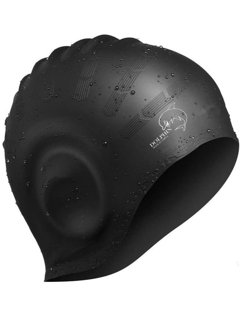 Dolphin Silicone Swim Cap With Ear Protection 3D Waterproof For Adult, Black  - Image 1