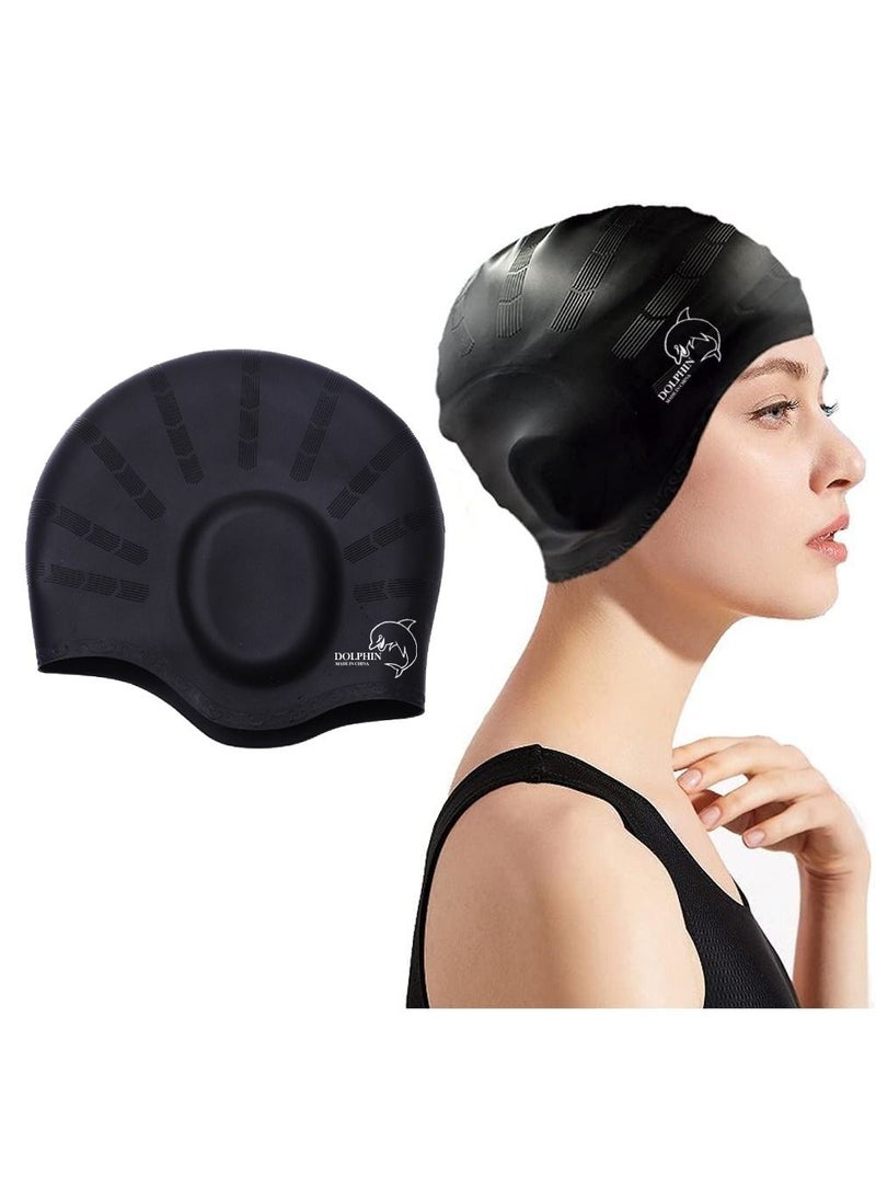 Dolphin Silicone Swim Cap With Ear Protection 3D Waterproof For Adult, Black  - Image 3