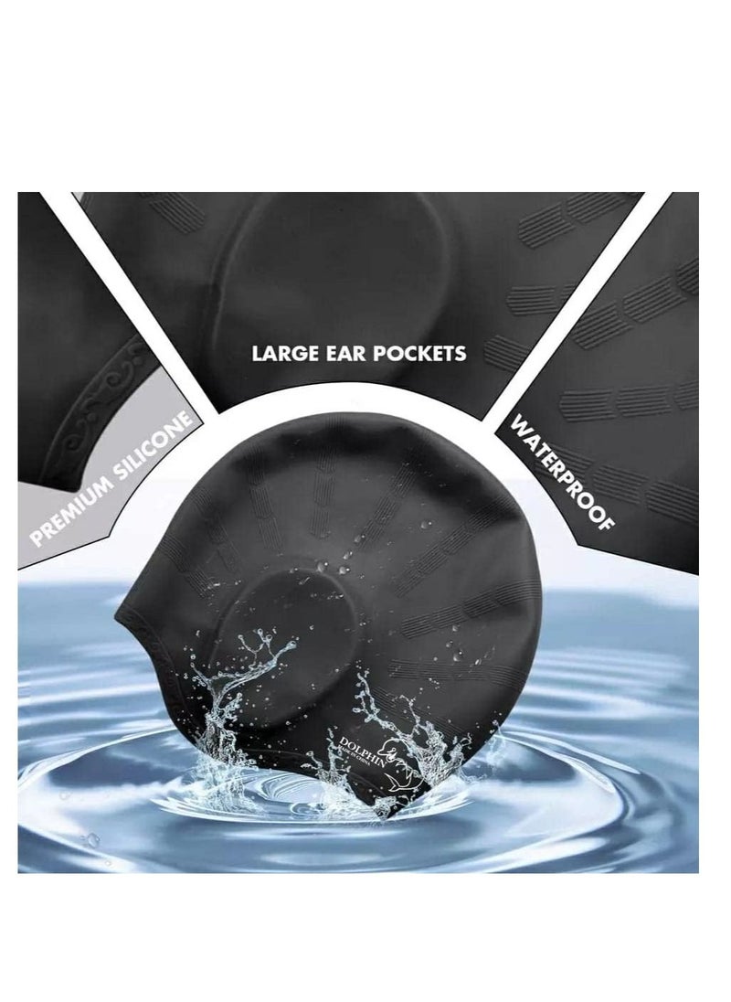 Dolphin Silicone Swim Cap With Ear Protection 3D Waterproof For Adult, Black  - Image 5