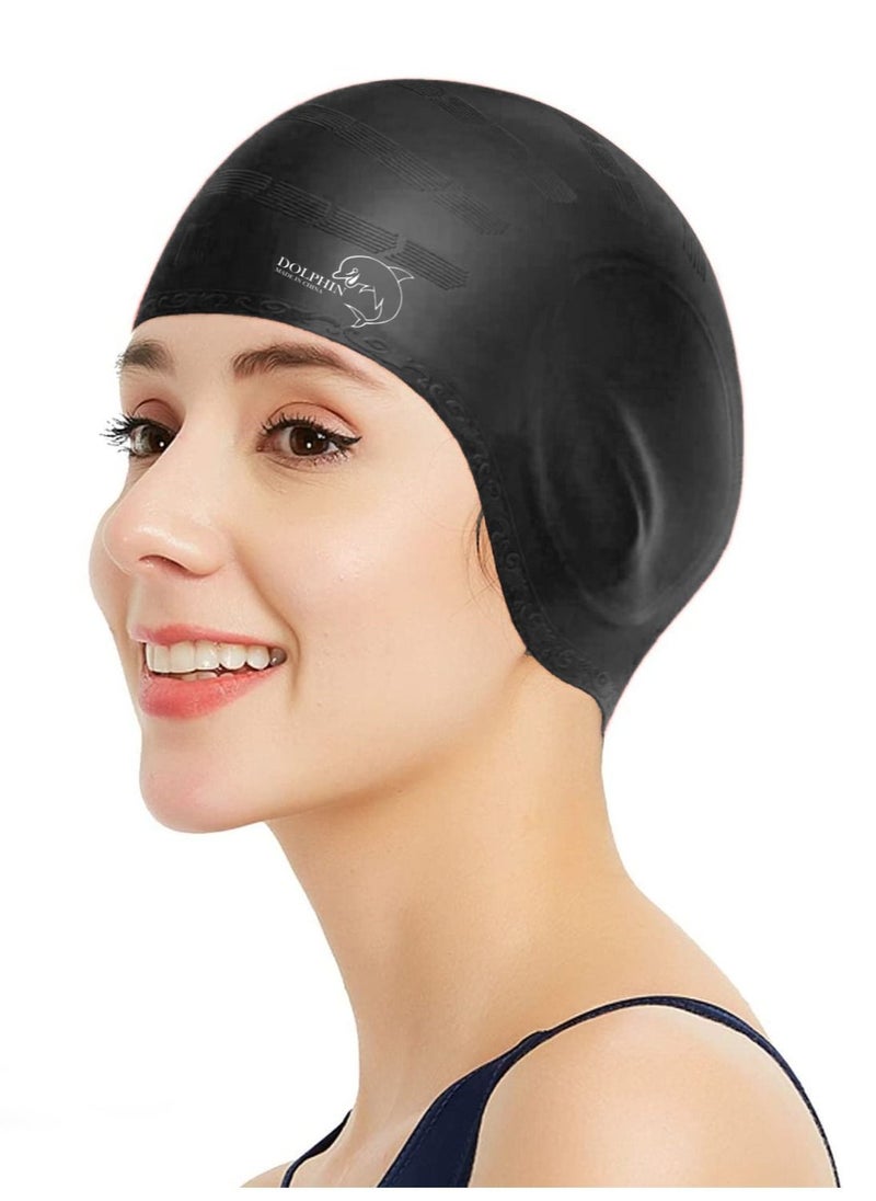 Dolphin Silicone Swim Cap With Ear Protection 3D Waterproof For Adult, Black  - Image 2