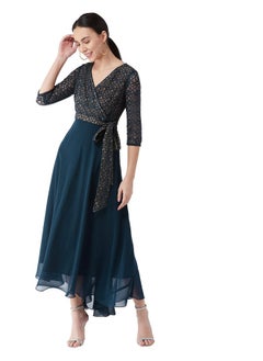 Miss Chase Miss Chase Women's Floral Printed Relaxed Fit V-Neck 3/4th Sleeve Maxi Dress (MCSS21D14-67-83-02, Teal, XS)  - Image 1