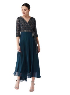 Miss Chase Miss Chase Women's Floral Printed Relaxed Fit V-Neck 3/4th Sleeve Maxi Dress (MCSS21D14-67-83-02, Teal, XS)  - Image 2