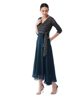 Miss Chase Miss Chase Women's Floral Printed Relaxed Fit V-Neck 3/4th Sleeve Maxi Dress (MCSS21D14-67-83-02, Teal, XS)  - Image 3