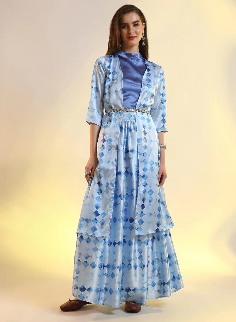  قصة طقم نسائي أزرق ملكي هندسي غير متناسق للملابس الكاجوال بياقة عالية بدون أكمام من  قطع بتصميم مريح للارتداء اليومي العرقي