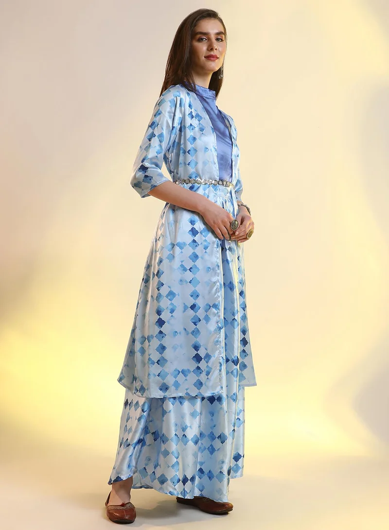 Qissa  Women's Royal Blue Geometric Blur Co-Ord Set For Casual Wear | Mock Neck | No Sleeves | 3 Piece Co-Ords Designed With Comfort Fit For Everyday Ethnic Wear for Women | Best Price UAE