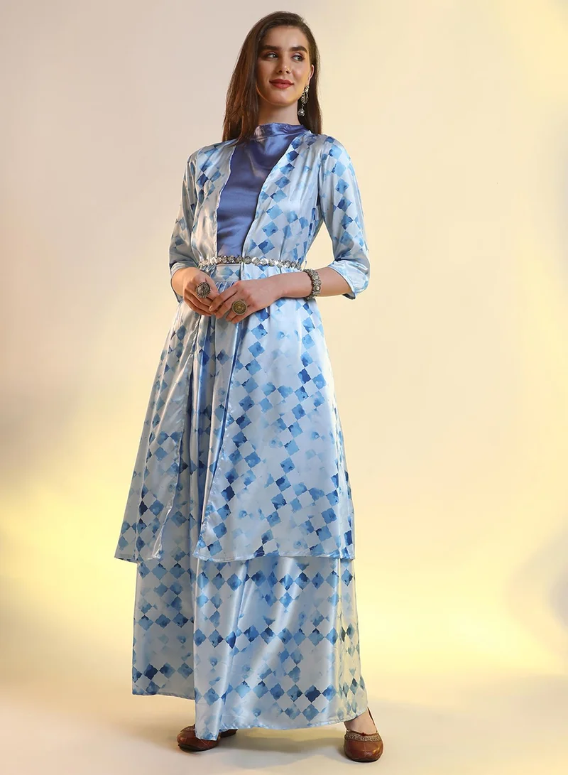 Qissa  Women's Royal Blue Geometric Blur Co-Ord Set For Casual Wear | Mock Neck | No Sleeves | 3 Piece Co-Ords Designed With Comfort Fit For Everyday Ethnic Wear for Women | Best Price UAE