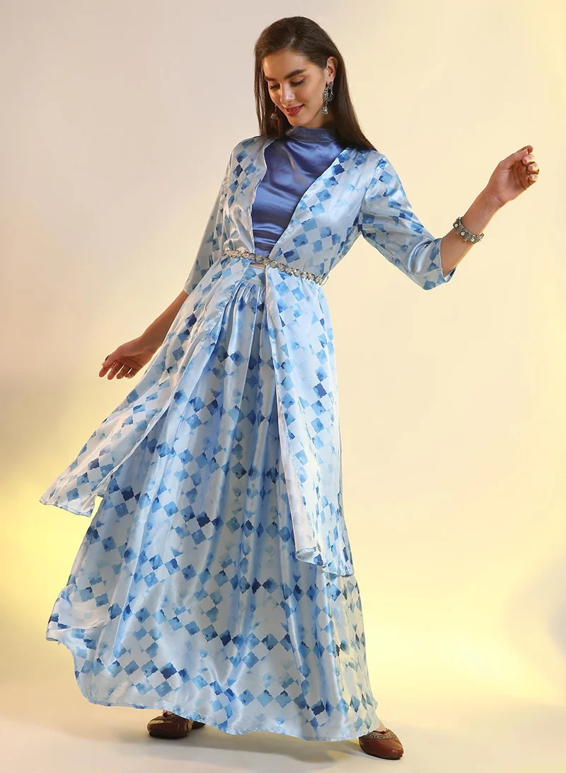  قصة طقم نسائي أزرق ملكي هندسي غير متناسق للملابس الكاجوال بياقة عالية بدون أكمام من  قطع بتصميم مريح للارتداء اليومي العرقي