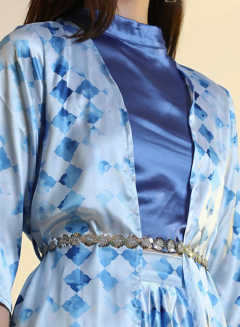 Qissa  Women's Royal Blue Geometric Blur Co-Ord Set For Casual Wear | Mock Neck | No Sleeves | 3 Piece Co-Ords Designed With Comfort Fit For Everyday Ethnic Wear for Women | Best Price UAE