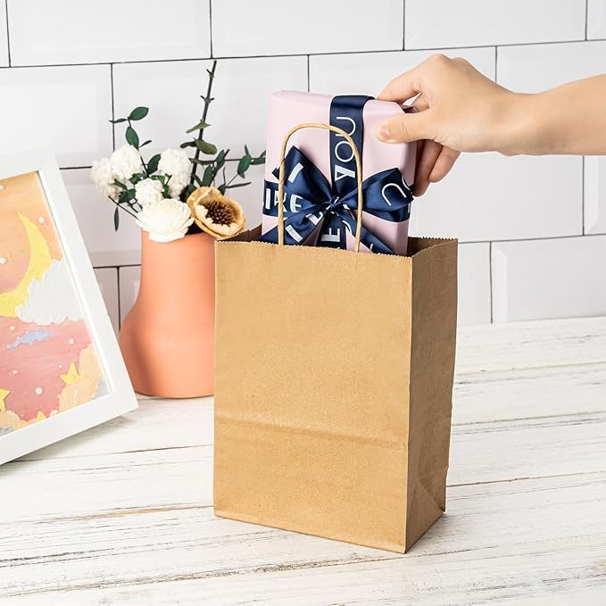 Mkail Disposable Brown Paper Bags Paper Carry Bags, Craft Paper Gift Bags -Recycled Eco Friendly Paper Bags with Handle Bulk Wedding Party Favor Bags, Kraft Grocery Shopping Bags, Retail Merchandise Bags (Brown, Size 5x5x3 Inch) Pack Of 20 Pcs - Image 3
