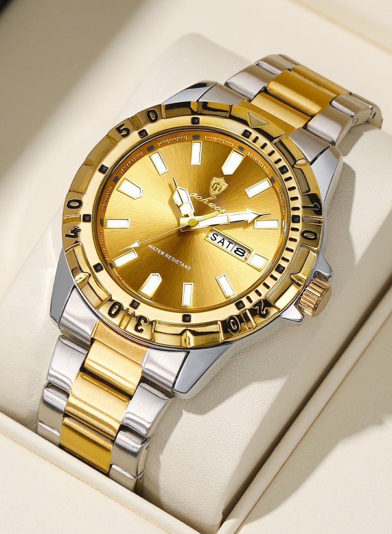 جوهوس ساعة رجالية، ساعة يد أنيقة من ماركة راقية، مصنوعة من الفولاذ المقاوم للصدأ، تعمل بالكوارتز، مقاومة للماء، مضيئة، تعرض التاريخ والأسبوع، ذهبية اللون - 42 مم - هدية للأب أو الحبيب - Image 1