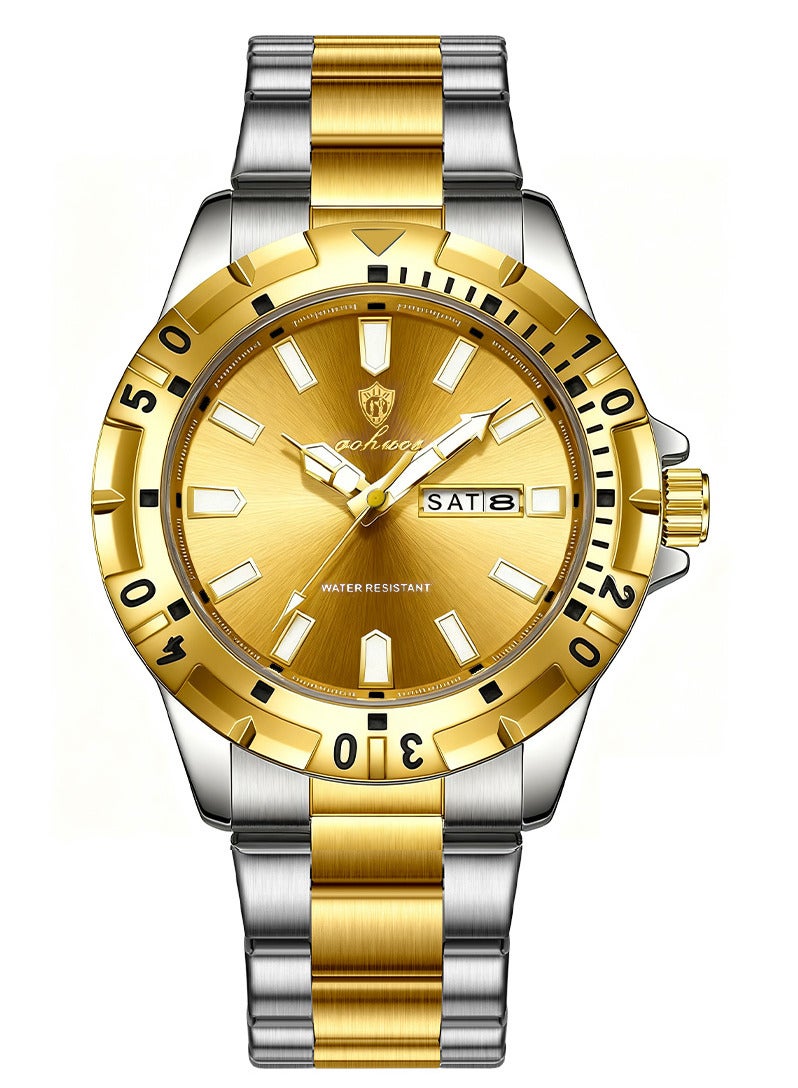 جوهوس ساعة رجالية، ساعة يد أنيقة من ماركة راقية، مصنوعة من الفولاذ المقاوم للصدأ، تعمل بالكوارتز، مقاومة للماء، مضيئة، تعرض التاريخ والأسبوع، ذهبية اللون - 42 مم - هدية للأب أو الحبيب - Image 5