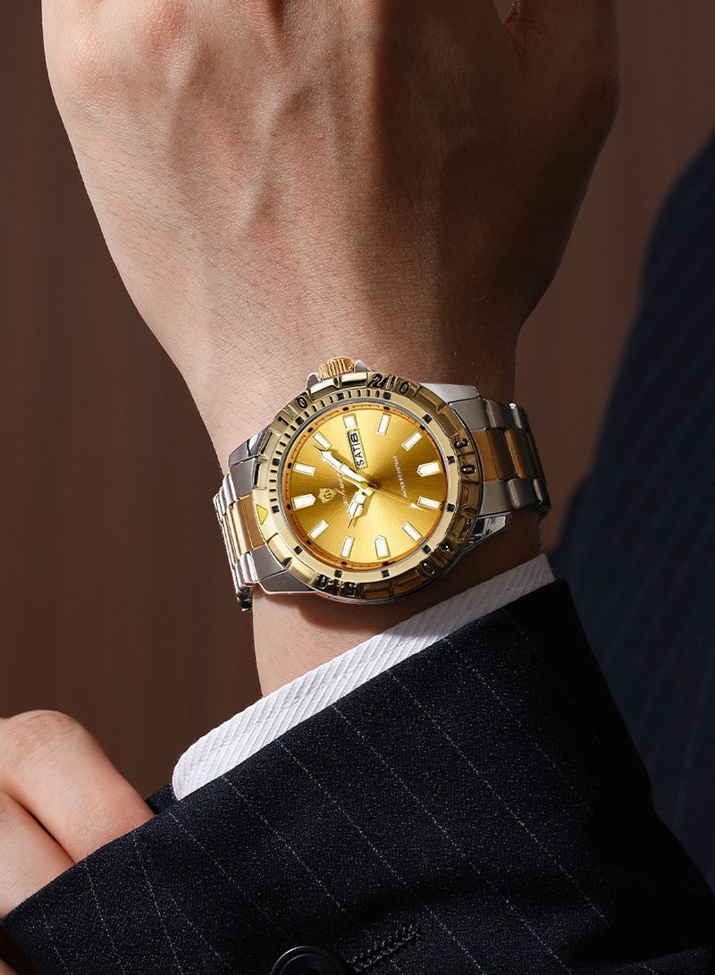 جوهوس ساعة رجالية، ساعة يد أنيقة من ماركة راقية، مصنوعة من الفولاذ المقاوم للصدأ، تعمل بالكوارتز، مقاومة للماء، مضيئة، تعرض التاريخ والأسبوع، ذهبية اللون - 42 مم - هدية للأب أو الحبيب - Image 2