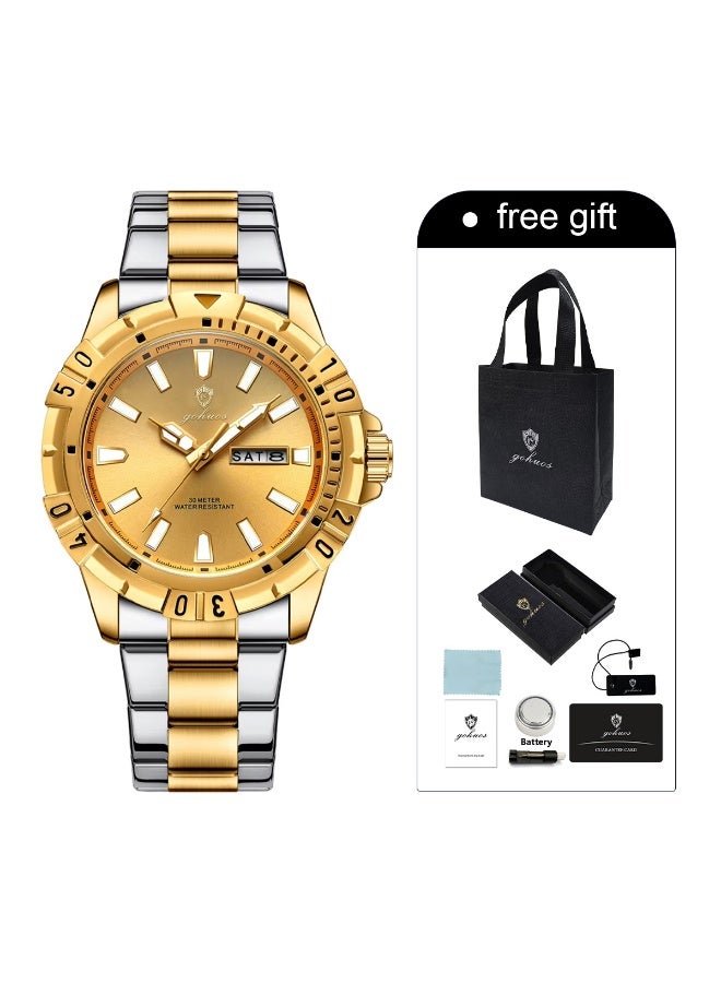 جوهوس ساعة رجالية، ساعة يد أنيقة من ماركة راقية، مصنوعة من الفولاذ المقاوم للصدأ، تعمل بالكوارتز، مقاومة للماء، مضيئة، تعرض التاريخ والأسبوع، ذهبية اللون - 42 مم - هدية للأب أو الحبيب - Image 3